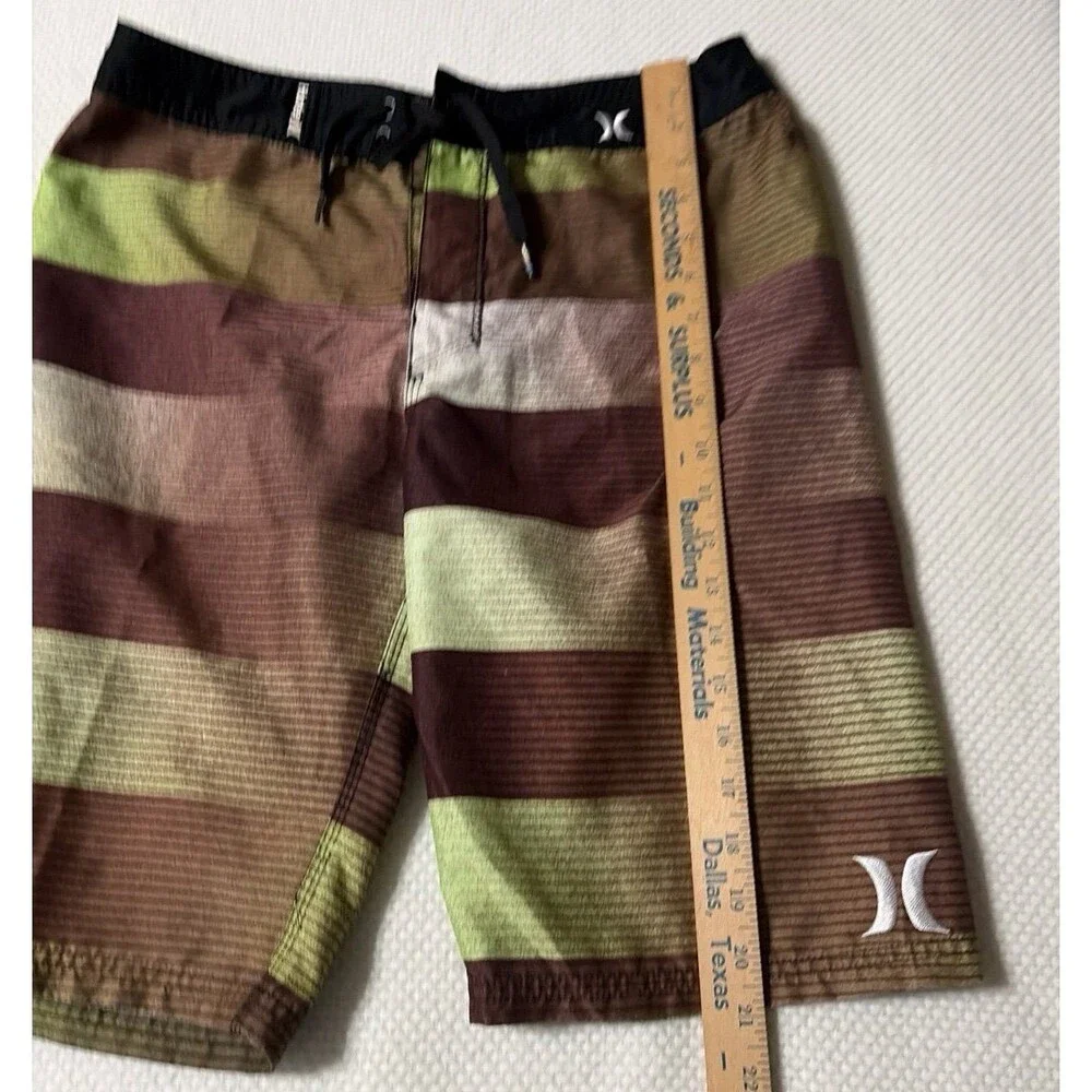 Hurley Men’s Board Shorts Size 29 Brown Green Striped Surf Swim Trunks